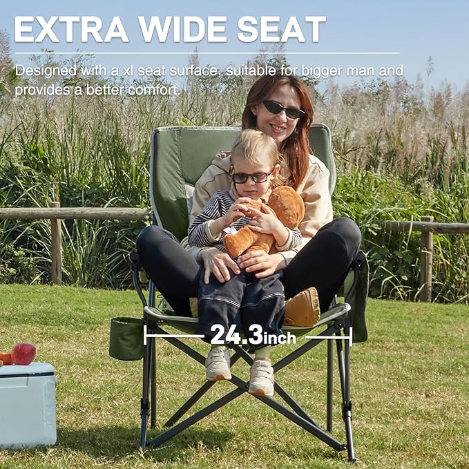 EVER ADVANCED Oversized Folding Camping Chair, for Adults Heavy Duty Lawn Chair with Side Pockets, Portable Collapsible Quad Chair for Outside, Support Up to 500lbs, Green 2Pack