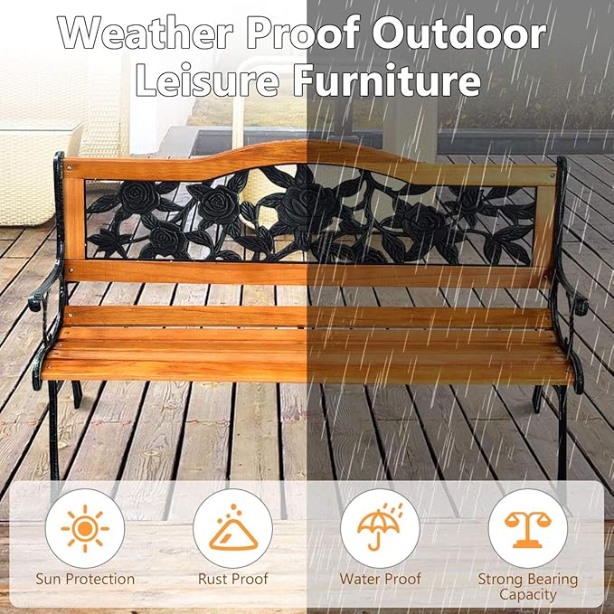Giantex 50 Inch Patio Bench, Outdoor Furniture Rose Cast Iron Hardwood Frame Porch Loveseat, Weather Proof Porch Path Chair for 2 Person Outside Bench