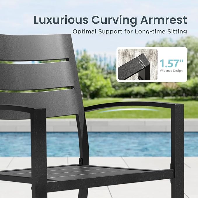 PHI VILLA 7 Pieces Outdoor Patio Dining Set for 6, 59”Rectangular Metal Steel Table with Umbrella Hole & Stackable Wrought Iron Chairs, Outside Furniture Set for Deck, Porch, Backyard