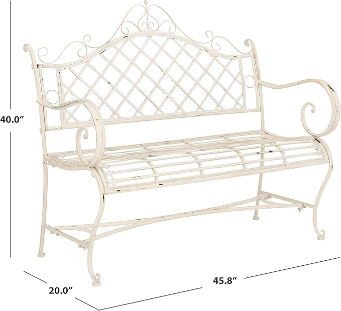 Safavieh PAT5017A Collection Adina Antique White Wrought Iron 51.25" Outdoor Garden Bench