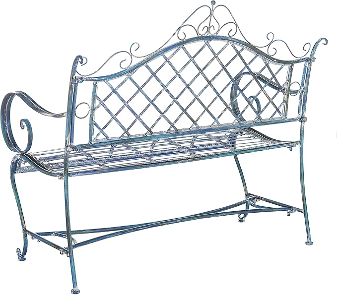Safavieh PAT5017C Outdoor Collection Abner Antique Blue Wrought Iron 46-inch Garden Bench