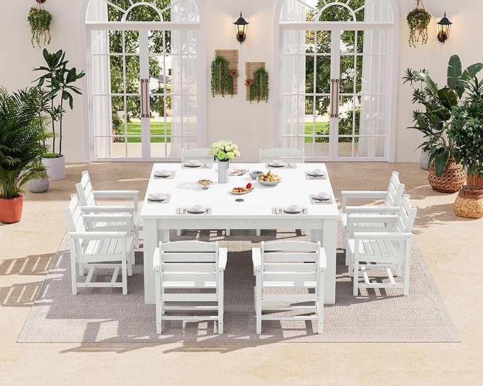 SERWALL Patio Dining Sets for 8, Outdoor Dining Sets for 8 Person with 2 Umbrella Hole Cut-Out Rectangular Tables and 8 Chairs, HDPE Dining Sets for Garden, Backyard, Poolside, White