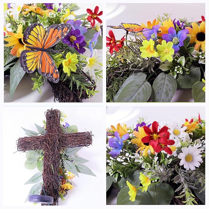 Solar Flower Cross Garden Stake Lights - Waterproof Grave Decorations for Cemetery, Memorial Cross with LED Lights, Sympathy Gift for Grandma, Outdoor Garden, Yard, Lawn Decor