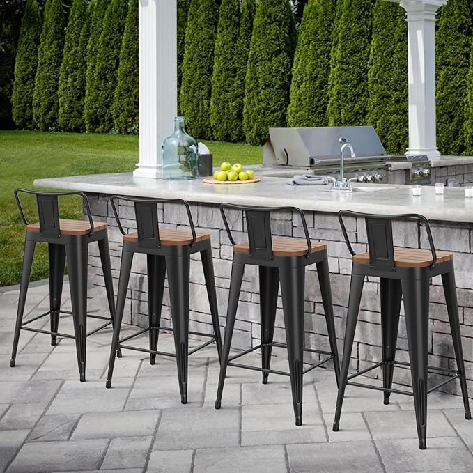 HAOBO Home 30" Outdoor Barstools Patio Stool Metal Bar Stools Set of 4 Counter Height Barstools with Wood Plastic Seat Industrial Bar Chairs Metal Kitchen Stools