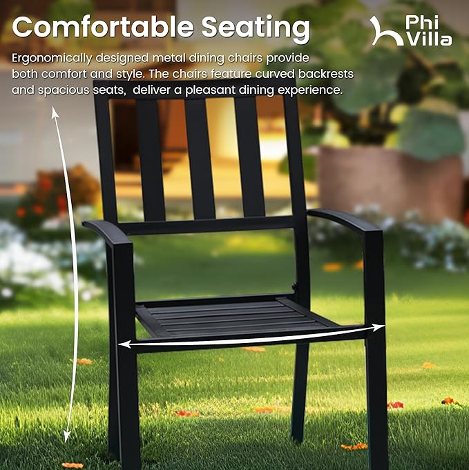 PHI VILLA 9 Pieces Outdoor Dining Set for 8, 83“ Rectangular Metal Table with Umbrella Hole & Stackable Black Wrought Iron Chairs, Large Outside Furniture for Patio, Deck, Yard, Porch