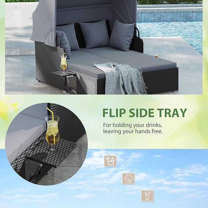 ORALNER Outdoor Daybed, 2-Person Wicker Patio Sofa with Retractable Canopy, Cushions & Pillows, 2 Side Trays, PE Rattan Double Sunbed Lounger for Deck Poolside Backyard Garden Balcony (Gray)