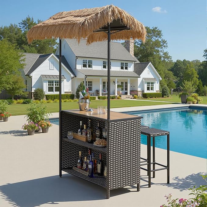 Outdoor Tiki Bar Set - 3 Pieces Wicker Patio Bar Height Set with Palapa Top and 2 Stools, All-Weather Patio Bar Set with Storage Shelves & Wine Glass Rack for Garden Patio Backyard Brown