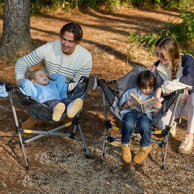 BusyBee Hammock Camping Chairs for Kids, Folding Kids Chair with Stand, Child Camping Gear, Hammock Swing Chair with Cup Holder & Carrying Bag for Outdoor, Lawn, Hiking, Indoor, Supports 125 LBS, Grey