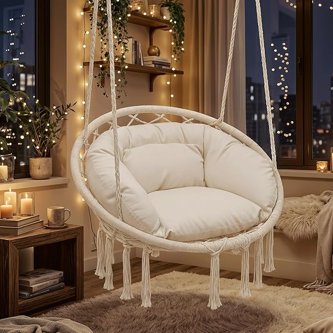 Magshion Hanging Hammock Chair with Cozy Full Cushion, Outdside Macrame Swing Chair with 350 Lbs Capacity, Ideal Accent Furniture for Living Room, Bedroom and Porch Relaxation and Enjoyment (White)