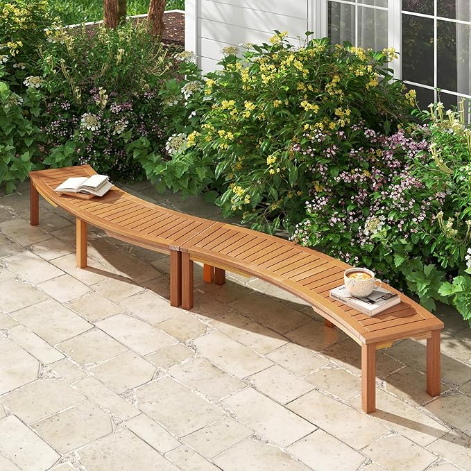 Tangkula Outdoor Curved Bench, Acacia Wood Fire Pit Bench w/Slatted Seat, Patio Backless 2-Person Seating for Porch, Yard, Garden, 800 LBS Max Load, Oil Painted (1, 58")