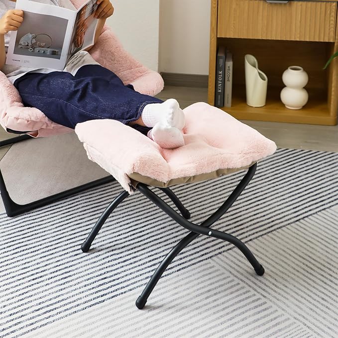15"(H) Folding Ottoman, Foldable Footrest Stool, Portable Small Foot Stool for Couch, Collapsible Foot Rest Ottoman for Sofa, Accent Padded Ottomans for Living Room, Bedroom, Pink