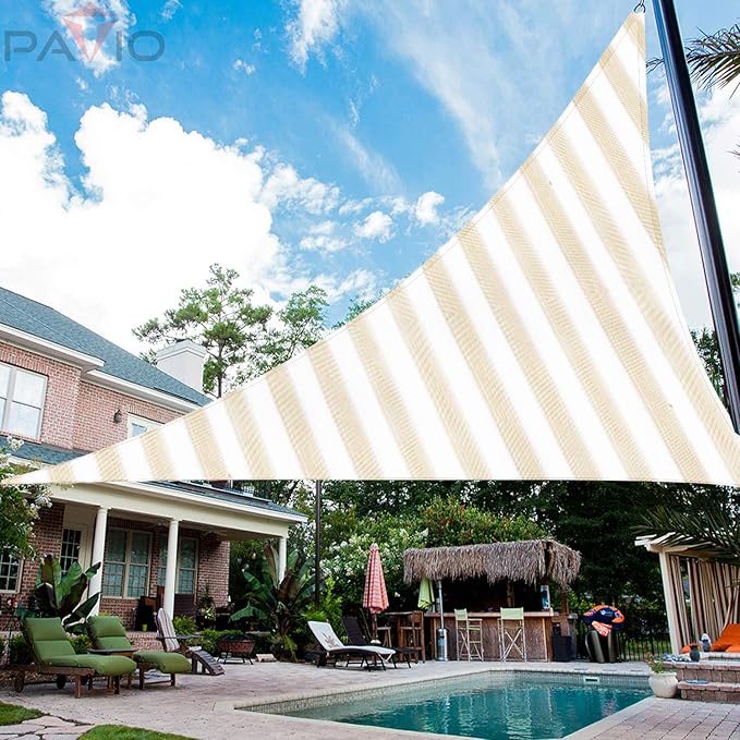 Patio Paradise 4' x 4' x 4' Sun Shade Sail Triangle Canopy Shade Cloth Fabric Sunlight Block Patio Pergola Cover HDPE Deck Awning for Outdoor Backyard Roof Shading, Beige White Strip