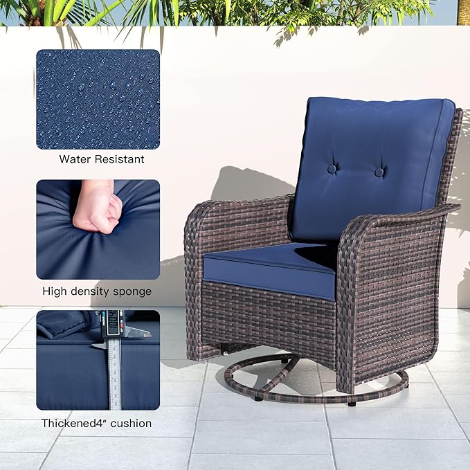 Kullavik 10 Pieces Outdoor Patio Furniture Set,PE Wicker Rattan Sectional Sofa Patio Conversation Sets with 43" 55000BTU Gas Propane Fire Pit Table,Swivel Rocking Chairs Set,Navy Blue