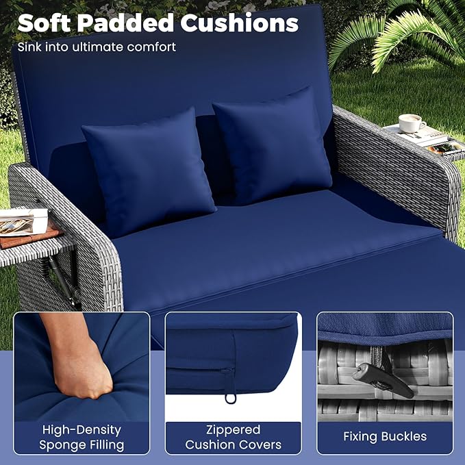 HAPPYGRILL Patio Rattan Wicker Daybed with Loveseat & Storage Ottoman, Outdoor Lounge Sofa Furniture Set with Adjustable Backrest & Side Trays, for Poolside Deck Porch Lawn (Mix Grey & Navy)
