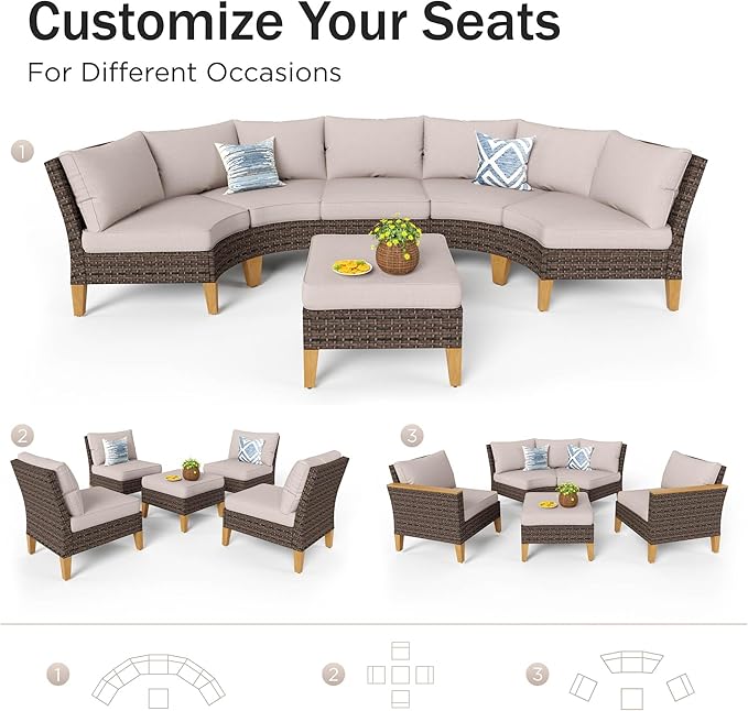 PHI VILLA 3-Piece Wicker Patio Furniture Set, Outdoor Curved Sectional Sofa Conversation Set with Cushions, Half-Moon Modular Couch for Garden, Deck, Backyard, Beige