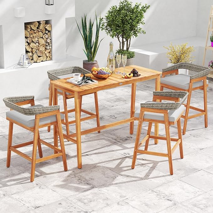 Tangkula 5 Piece Patio Bar Set, Outdoor Acacia Wood Counter Height Table with 4 Cushioned Barstools with Curved Rattan Back and Footrest, for Backyard, Poolside, Balcony