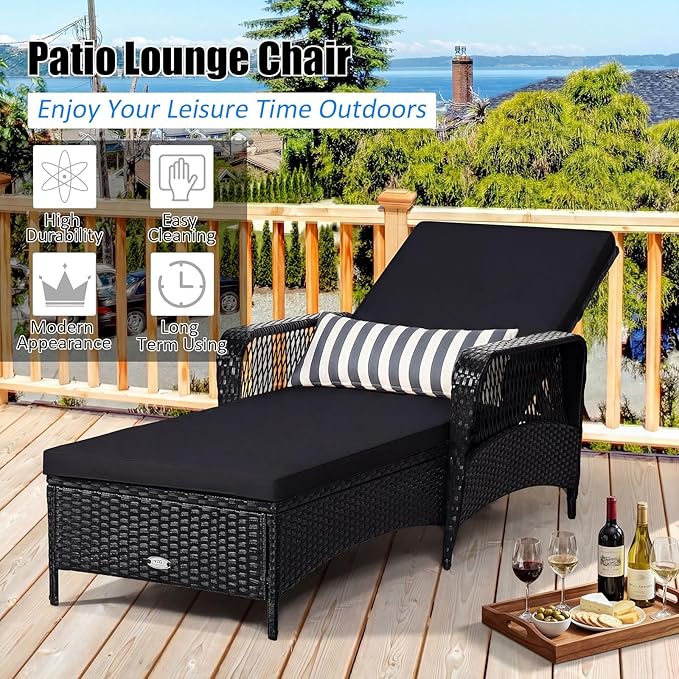 Tangkula Wicker Chaise Lounge Outdoor Set of 2, Patio Rattan Reclining Chaise with 6-Gear Adjustable Backrest, Thick Padded Cushion & Removable Lumbar Pillow, Pool Lounge Chairs (Black)