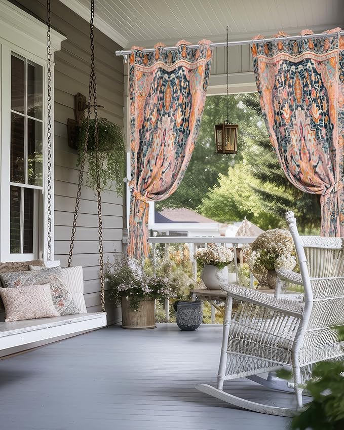 Rustic Boho Outdoor Curtains for Patio Waterproof, Grommet Privacy Curtain Drapes Weatherproof Outside Curtains for Porch GazeboPergola Cabana 2 Panel 54x95inch Ethnic Turkish Floral Geometric