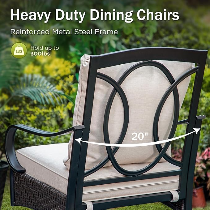 PHI VILLA 5-Piece Outdoor Dining Set, Heavy Duty Patio Table and Chairs Set with Umbrella Hole for 4, 42" Square Patio Woodgrain Metal Table with Padded Swivel Chairs