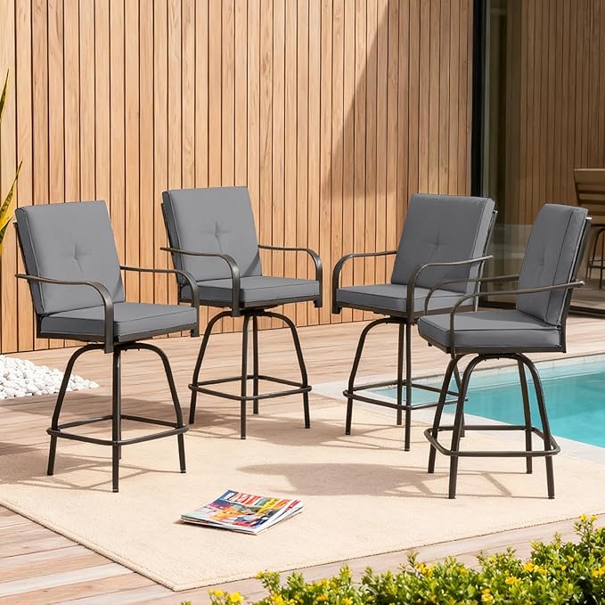 Patio Swivel Bar Stools, Outdoor Bar Height Swivel Chairs Set of 4 with Cushion & All Weather Steel Frame for Backyard, Lawn, Poolside and Balcony, Dark Grey