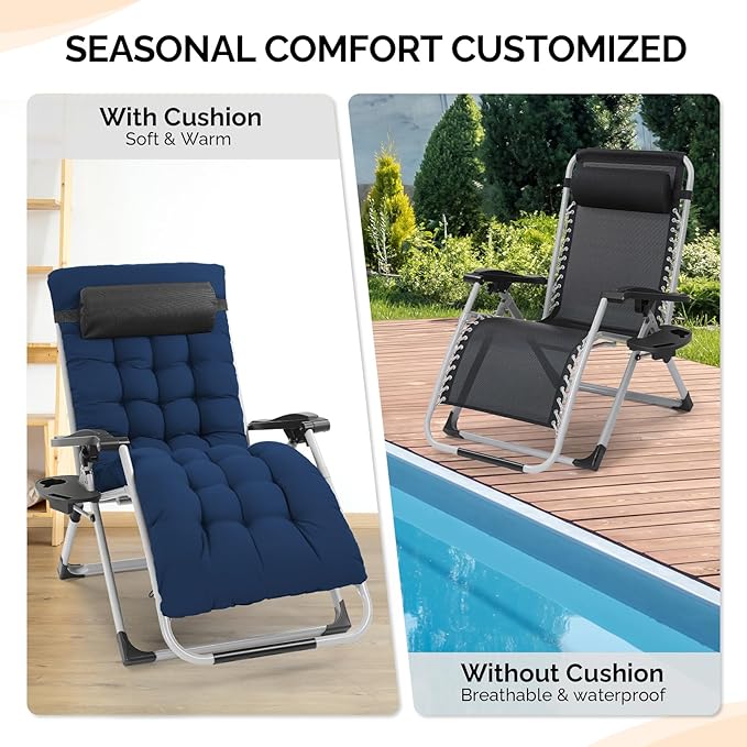 VINGLI 29" Padded Zero Gravity Chair, Lounge Chair with Removable Cushion & Tray， Folding Reclining Patio Chairs， Recliner Chair for Lawn，Indoor Outdoor-Blue