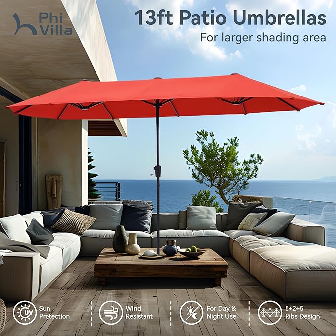 PHI VILLA Outdoor Patio Dining Set with Umbrella for 6 Person, Outdoor Swivel Dining Chairs & 1 Large Wooden-Like Top Table with 13ft Orange Red Outdoor Umbrella(No Base) for Deck Lawn Garden Backyard