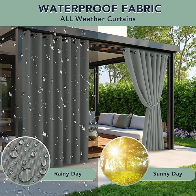 Patio Curtains Outdoor Waterproof - 6 Panels Privacy Weatherproof Outside Curtains with Grommets for Pergola, Gazebo, Porch, Cabana, Balcony, 54 x 95 Inch, Grey
