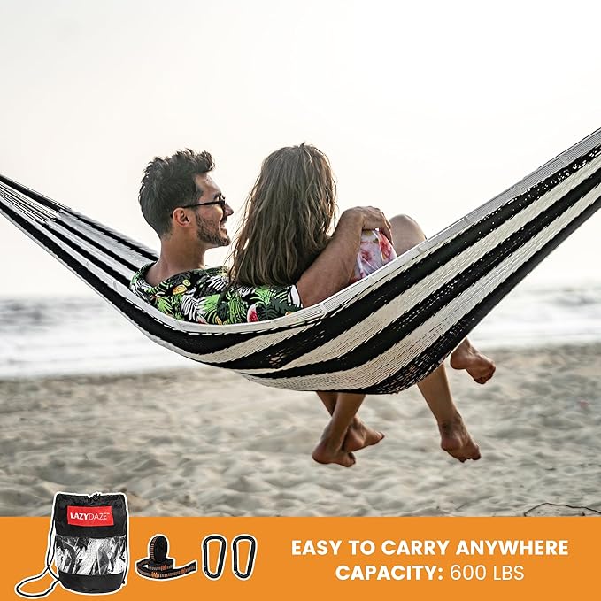 Lazy Daze Hammocks Handwoven Mayan Hammock, 10.5 FT Soft Rope Double Hammocks, Portable Outdoor Hammock with Carry Bag, 2 Straps & Carabiners for Patio Outside, 550 lbs Weight Capacity, Black/White