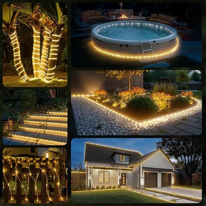 50FT 360 LED Waterproof Rope Lights Outside with Remote, 8 Modes and 4 Brightness Tube Lights for Christmas, Bedroom, Patio, Garden, Indoor Outdoor Decoration (Warm White)