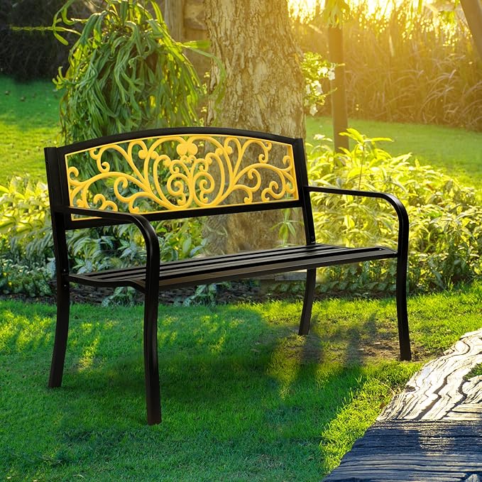 VINGLI Outdoor Bench for Patio Metal Garden Bench w/PVC Back Pattern, Black Park Benches Front Porch Benches for Yard Lawn Decor Deck Entryway (Yellow&Black)