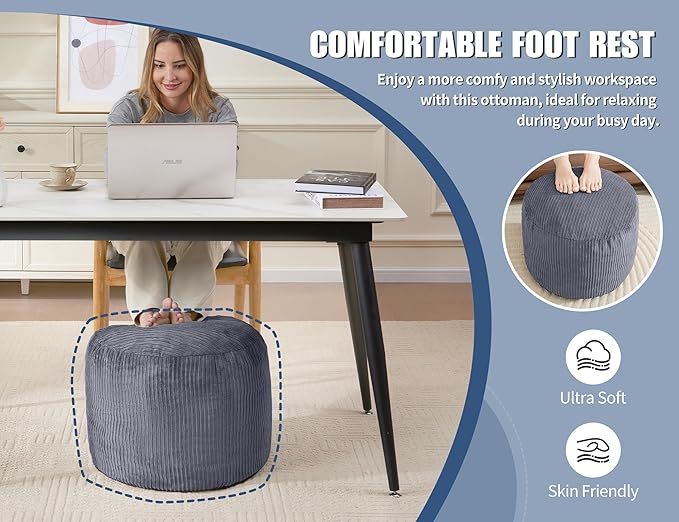Pouf Ottoman Foot Stools with Foam Small Ottoman for Living Room Corduroy Ottomans Pouf 26x18in Foot Rest for Chair Blue Hassocks and Ottomans