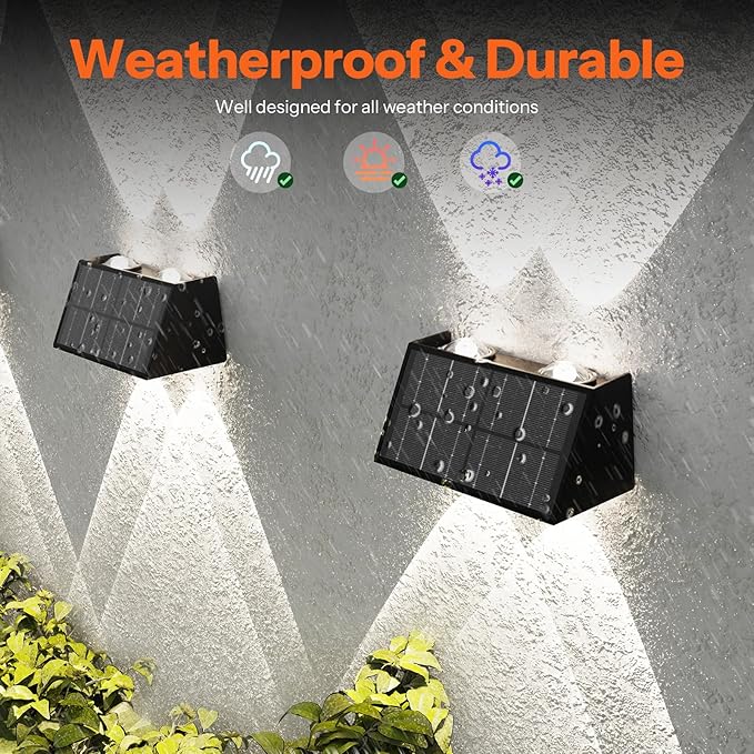 2-Pack Solar Fence Lights, Up & Down Lighting, 50LM/25LM Dual Brightness, 4 Color Modes, IP65 Waterproof, 1200mAh Battery, Screw/Adhesive Mount for Garden Wall Path Deck