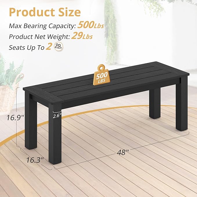 LUE BONA HDPS Outdoor Bench with Straight Legs, All-Weather 2-Person Outdoor Backless Benches, Weatherproof Heavy-Duty Garden Bench for Porch, Patio, Lawn and Backyard, Black