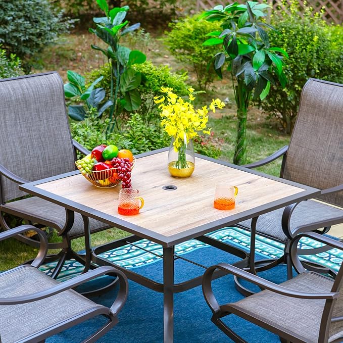PHI VILLA Patio Dining Table for Outside, 37" x 37" Square Outdoor Dining Table for 4, Premium PVC Table Top with 1.57" Umbrella Hole and Metal Frame