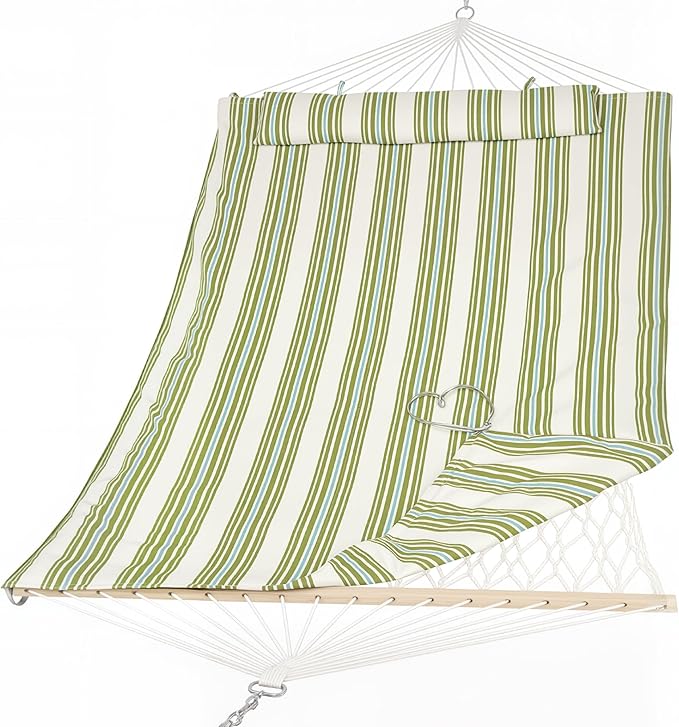 SUNCREAT Portable 2 Person Hammock with Hardwood Spreader Bar, Cotton Rope Outdoor Hammock with Polyester Pad, Green&Beige