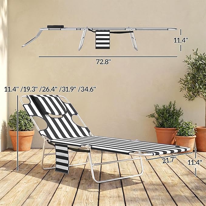 Outsunny Chaise Lounge Chair Outdoor with Face Arm Hole, 5-Position Reclining Face Down Tanning Chair with Carry Strap, Side Pocket, Portable Folding Bed Cot for Patio Beach Pool, Black Stripe