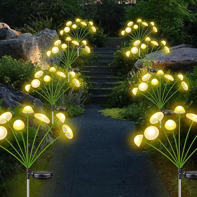 KAQ Solar Garden Lights Outdoor 6PK 48LED, Mushroom Solar Lights Outdoor, IP65 Waterproof Firefly Light Outside Decor for Patio Pathway, Sway by Wind for Pathway Garden Decorations, Warm White