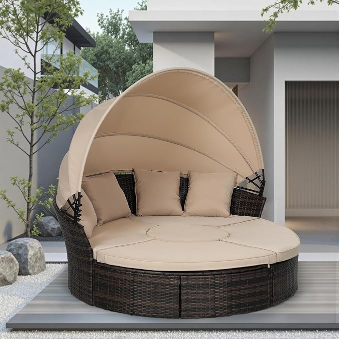 Incbruce Patio Round Daybed with Retractable Canopy, Black Wicker Rattan Sectional Sofa Furniture Set with Separated Cushion Seats for Patio, Porch and Backyard (Brown)