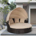 Incbruce Patio Round Daybed with Retractable Canopy, Black Wicker Rattan Sectional Sofa Furniture Set with Separated Cushion Seats for Patio, Porch and Backyard (Brown)
