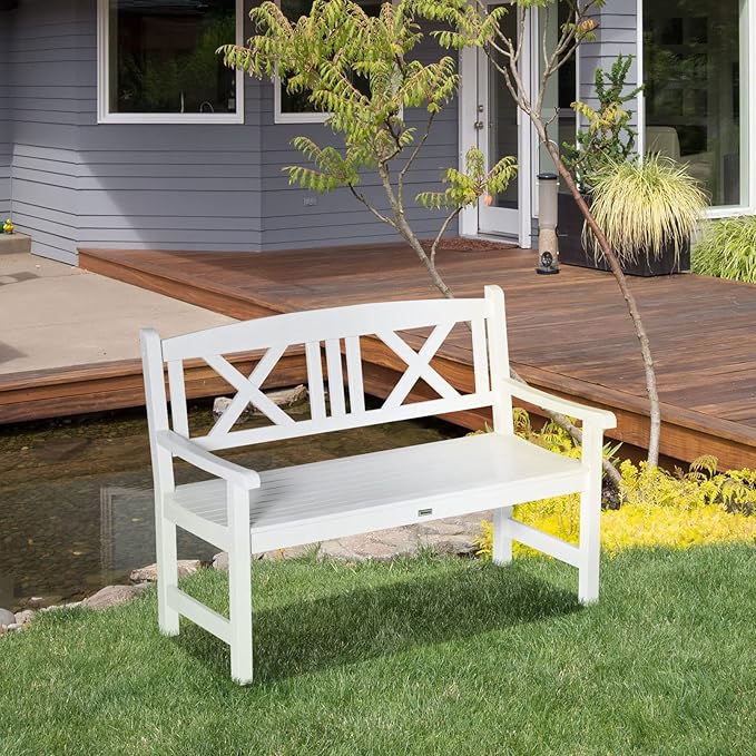 Outsunny 2-Seater Wooden Garden Bench, 4FT Outdoor Patio Loveseat with Unique X-Shape Back for Yard, Lawn, Porch, White