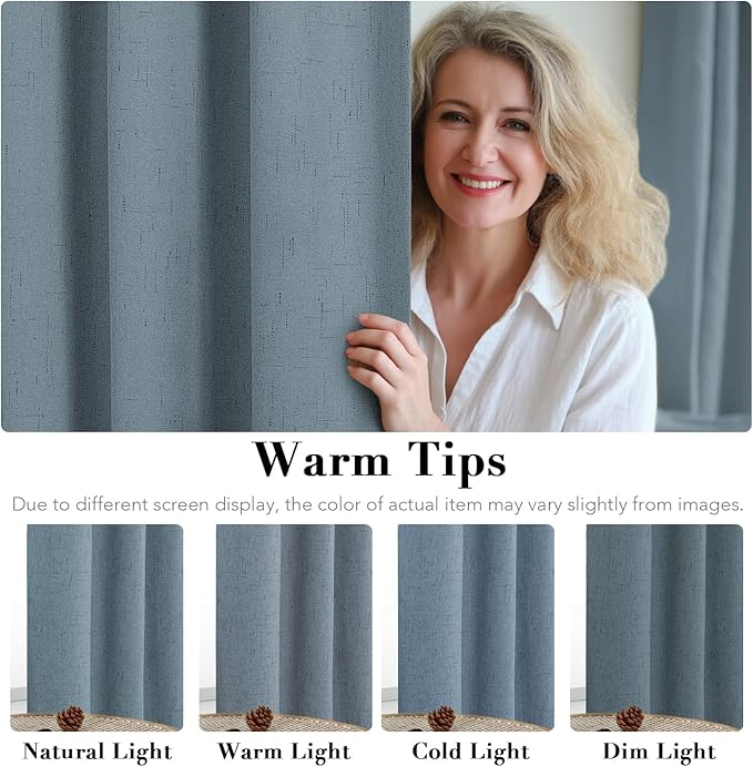 H.VERSAILTEX Primitive Linen Curtains 100% Blackout Curtain Drapes Burlap Curtains with White Thermal Insulated Liner, Grommet Top Drapes Living Room/Bedroom (2 Panels, 42 x 45 Inch, Stone Blue)