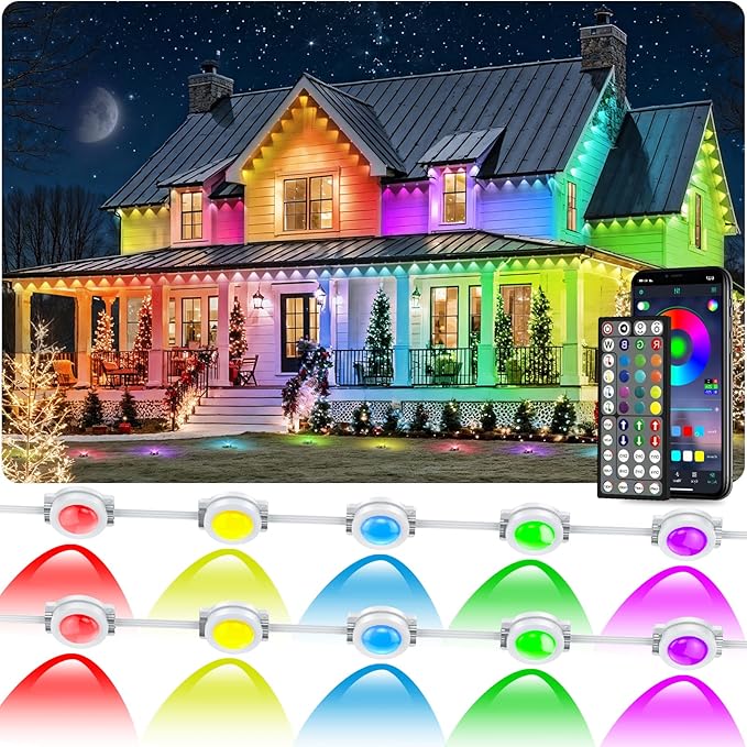 200FT Permanent Outdoor RGB Lights, IP67 Waterproof Smart Eave Lighting, with App/Remote Control Eaves Light, DIY LED Scenes Modes for House Roof Decor,Christmas,Party