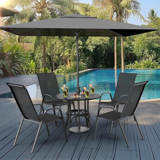 VINGLI Patio Chairs Set of 2 – Stackable Outdoor Dining Chairs with Comfortable Sling High Back Chairs and Armrests for Lawn, Poolside, Courtyard, Balcony, Garden, Black