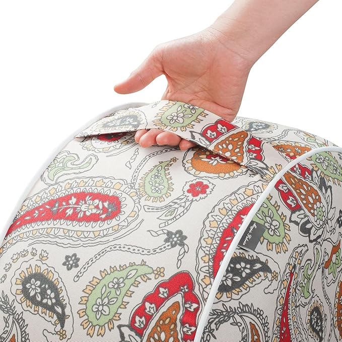 Magpie Fabrics Indoor/Outdoor Inflatable Stool Ottoman Pouf, Water Repellent Round Footrest Footstool with Foot Pump D20 xH9, Portable for Patio Garden Travel Camping or Home, Paisley Red Beige