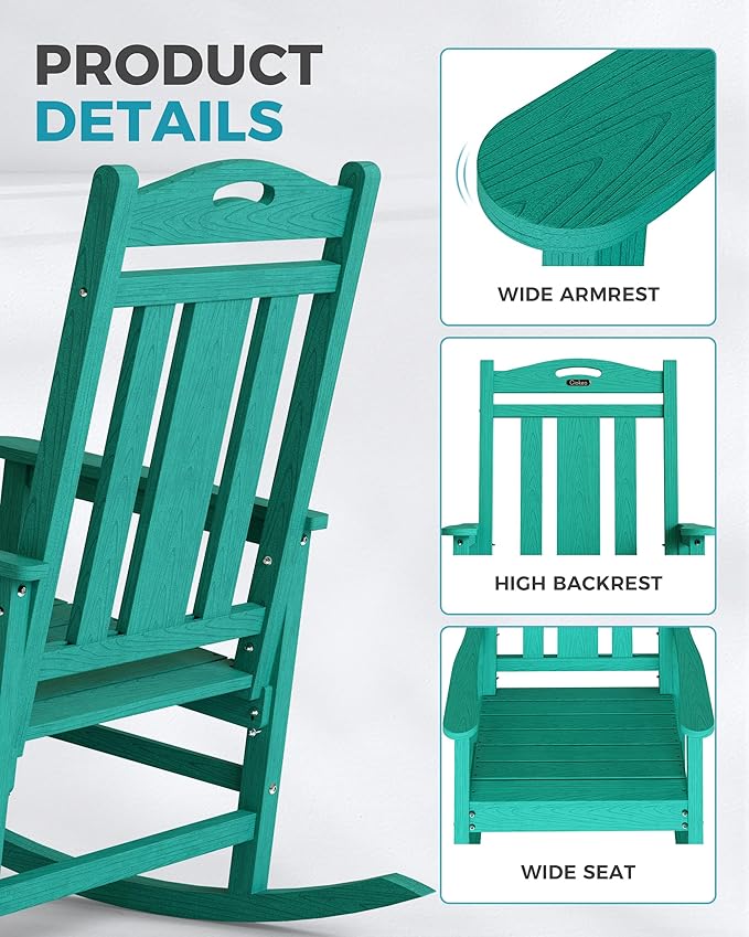 Ciokea Oversized Outdoor Rocking Chair, 380lbs Heavy-Duty Large Patio Rocker, Weather Resistant & Anti-Fade Porch Chair, High Back Cozy Rocking Chair for Outside, Fire Pit, Deck, Garden, Aruba Blue