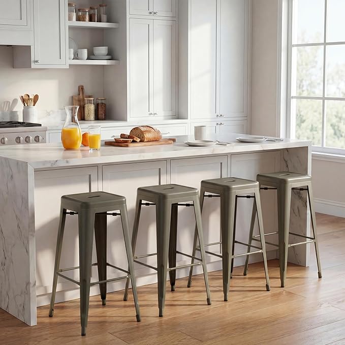 Shahoo 30 Inches Metal Bar Stools Counter Height Stackable Backless Stools, Industrial Patio Stools Indoor Outdoor Metal Kitchen Stools Set of 4 (Gun, 30'')