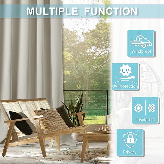 RYB HOME Extra Wide Outdoor Curtains for Patio Waterproof Heavy Duty Thermal Insulated in Summer Full Coverage Privacy for Gazebo, Cabana & Pergola, W100" x L108", Natural, 1 Panel