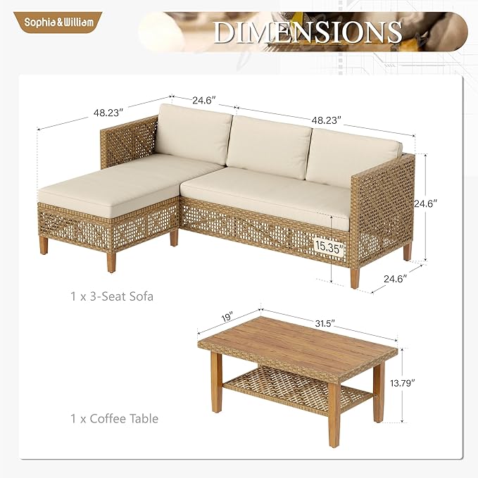 Sophia & William Outdoor Rattan Sofa Set with Thick Cushions & Coffee Table – Weather-Resistant Patio, Garden & Deck Furniture (Beige)