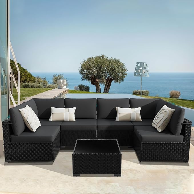 KIGOTY Patio Furniture Set,7 Pieces Modular Outdoor Sectional Sofa, PE Rattan Patio Conversation Set, All Weather Wicker Patio Furniture with Cushions and Coffee Table（Black/Black）