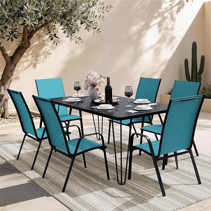 JEAREY Patio Dining Chairs Set of 6, Outdoor Stackable Dining Furniture Set, All Weather Dining Set for Lawn, Garden, Backyard, Poolside, Peacock Blue
